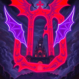 An ancient, ominous castle depicted in an anime style, with a very large, bold red letter 'D' at its center, vibrantly outlined in bright violet