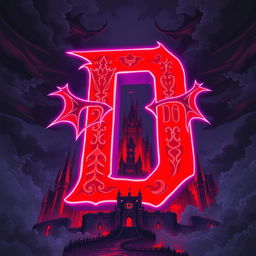 An ancient, ominous castle depicted in an anime style, with a very large, bold red letter 'D' at its center, vibrantly outlined in bright violet