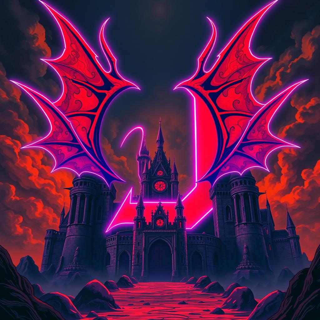 An ancient, ominous castle depicted in an anime style, with a very large, bold red letter 'D' at its center, vibrantly outlined in bright violet