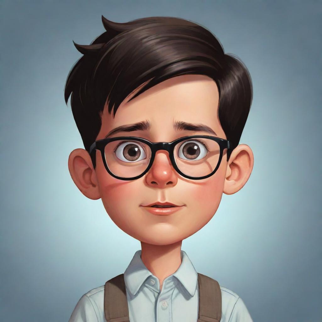 A cartoon illustration of a smart, dark-haired young boy of short stature, with a witty expression, large glasses, and an overall look of cunning intelligence.