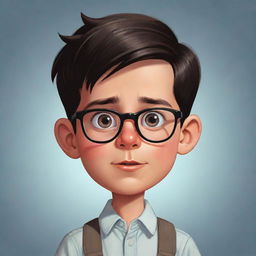 A cartoon illustration of a smart, dark-haired young boy of short stature, with a witty expression, large glasses, and an overall look of cunning intelligence.