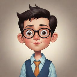 A cartoon illustration of a smart, dark-haired young boy of short stature, with a witty expression, large glasses, and an overall look of cunning intelligence.