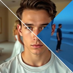 Headshot of a serious-looking young brunette man, featuring a prominent diagonal white line that divides the image