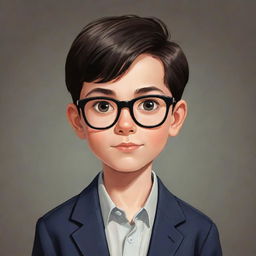 A cartoon illustration of a smart, dark-haired young boy of short stature, with a witty expression, large glasses, and an overall look of cunning intelligence.