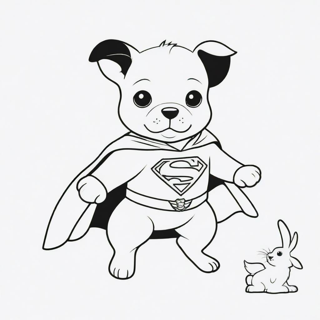 An inspiring, two-dimensional black and white outline of a puppy dressed as Superman, heroically saving a rabbit for a colouring page.