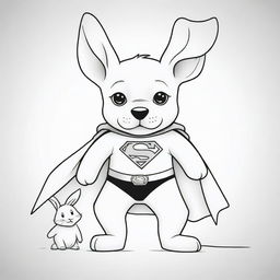 An inspiring, two-dimensional black and white outline of a puppy dressed as Superman, heroically saving a rabbit for a colouring page.