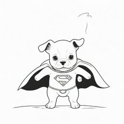 An inspiring, two-dimensional black and white outline of a puppy dressed as Superman, heroically saving a rabbit for a colouring page.