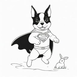 An inspiring, two-dimensional black and white outline of a puppy dressed as Superman, heroically saving a rabbit for a colouring page.