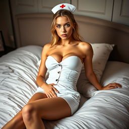 A fit 20-year-old white woman with soft facial features, maintaining a youthful look without any large jawline or exaggerated cheekbones, dressed in a sexy nurse cosplay outfit