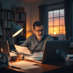 A heartfelt scene of a hardworking father in his office, surrounded by papers and a laptop, deeply focused on his work yet showing a soft, reflective expression as he thinks about his family