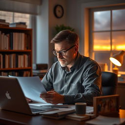 A heartfelt scene of a hardworking father in his office, surrounded by papers and a laptop, deeply focused on his work yet showing a soft, reflective expression as he thinks about his family