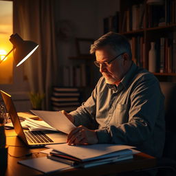 A heartfelt scene of a hardworking father in his office, surrounded by papers and a laptop, deeply focused on his work yet showing a soft, reflective expression as he thinks about his family