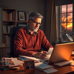 A heartfelt scene of a hardworking father in his office, surrounded by papers and a laptop, deeply focused on his work yet showing a soft, reflective expression as he thinks about his family