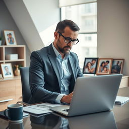 A touching scene of a diligent father in a modern office space, wearing a smart, stylish outfit that reflects his new clothes