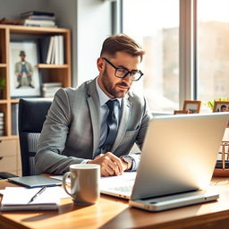 A touching scene of a diligent father in a modern office space, wearing a smart, stylish outfit that reflects his new clothes