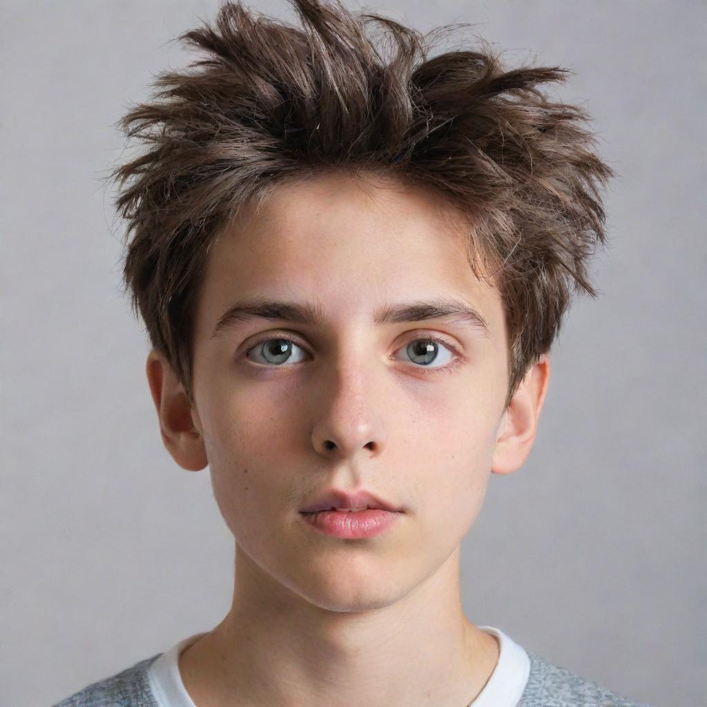 A boy with unconventional and unique looks, showcasing a blend of distinctive features such as a large nose, asymmetrical eyes, and tousled hair, which contribute to his overall charm.