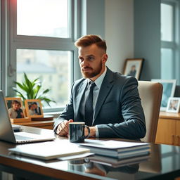 A touching scene of a diligent father in a modern office space, wearing a smart, stylish outfit that reflects his new clothes