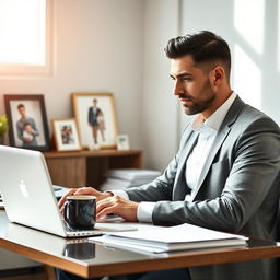 A touching scene of a diligent father in a modern office space, wearing a smart, stylish outfit that reflects his new clothes