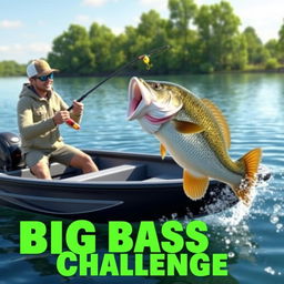 A thrilling 3D scene showcasing a fisherman aboard a modern boat, expertly reeling in a massive 13-pound bass