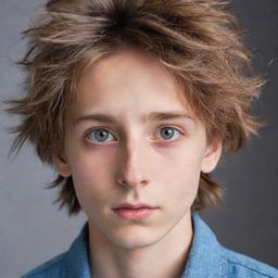 A boy with unconventional and unique looks, showcasing a blend of distinctive features such as a large nose, asymmetrical eyes, and tousled hair, which contribute to his overall charm.