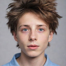 A boy with unconventional and unique looks, showcasing a blend of distinctive features such as a large nose, asymmetrical eyes, and tousled hair, which contribute to his overall charm.