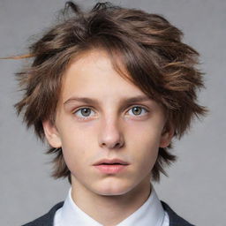 A boy with unconventional and unique looks, showcasing a blend of distinctive features such as a large nose, asymmetrical eyes, and tousled hair, which contribute to his overall charm.