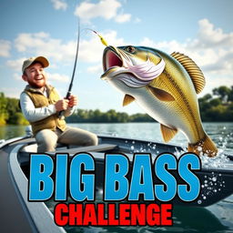 A thrilling 3D scene depicting a fisherman catching a massive 13-pound bass from a sleek modern boat