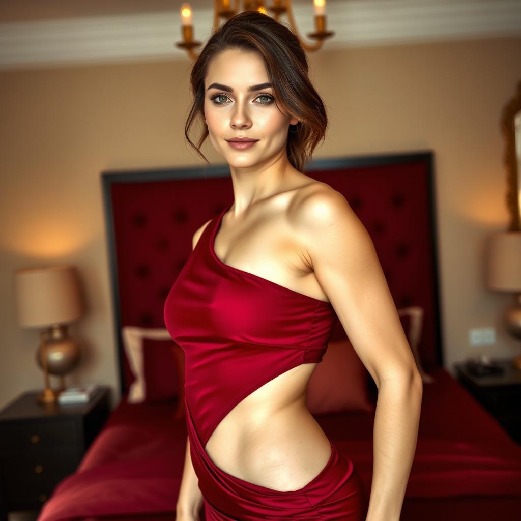 A fit 20-year-old white woman with soft facial features, maintaining a youthful look without any large jawline or exaggerated cheekbones, is wearing a sexy one-shoulder dress