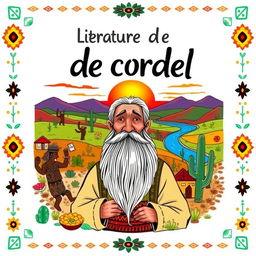 An illustration for a 'literatura de cordel' book cover, featuring traditional elements such as folk characters, rural landscapes, and colorful designs