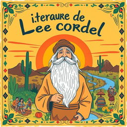 An illustration for a 'literatura de cordel' book cover, featuring traditional elements such as folk characters, rural landscapes, and colorful designs