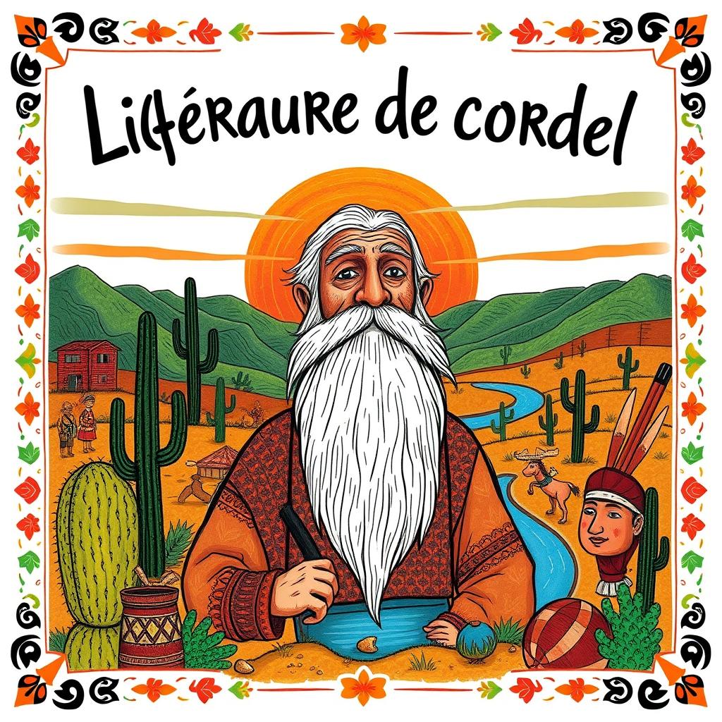 An illustration for a 'literatura de cordel' book cover, featuring traditional elements such as folk characters, rural landscapes, and colorful designs