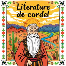 An illustration for a 'literatura de cordel' book cover, featuring traditional elements such as folk characters, rural landscapes, and colorful designs