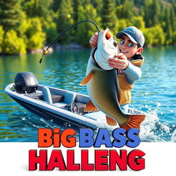 A thrilling 3D scene capturing a fisherman in action, catching an impressive 13-pound bass from a sleek modern boat