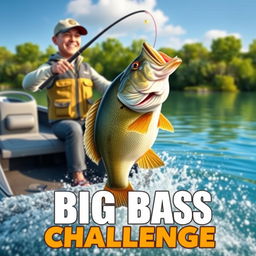 A thrilling 3D scene capturing a fisherman in action, catching an impressive 13-pound bass from a sleek modern boat