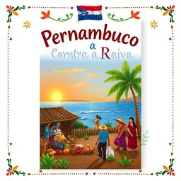 An illustration for a 'literatura de cordel' book cover titled 'Pernambuco Contra a Raiva', featuring traditional elements specific to Pernambuco