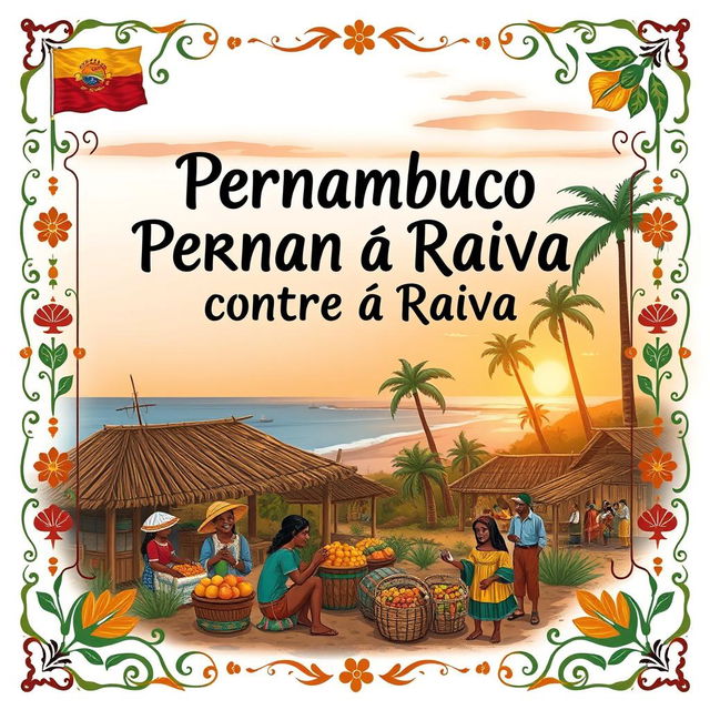 An illustration for a 'literatura de cordel' book cover titled 'Pernambuco Contra a Raiva', featuring traditional elements specific to Pernambuco