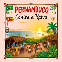 An illustration for a 'literatura de cordel' book cover titled 'Pernambuco Contra a Raiva', featuring traditional elements specific to Pernambuco