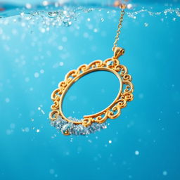 A stunning necklace submerged in clear blue water, surrounded by shimmering glitter