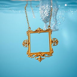 A stunning necklace submerged in clear blue water, surrounded by shimmering glitter