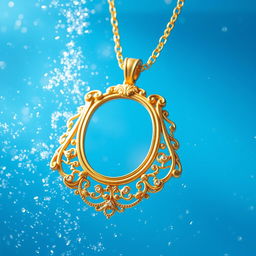 A stunning necklace submerged in clear blue water, surrounded by shimmering glitter