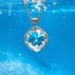 A beautiful crystal necklace submerged in clear blue water, surrounded by sparkling glitter