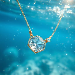 A beautiful crystal necklace submerged in clear blue water, surrounded by sparkling glitter