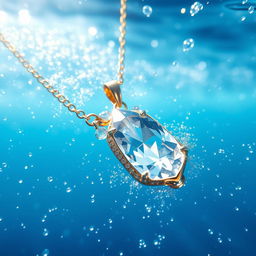 A beautiful crystal necklace submerged in clear blue water, surrounded by sparkling glitter