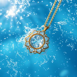 A beautiful crystal necklace submerged in clear blue water, surrounded by sparkling glitter