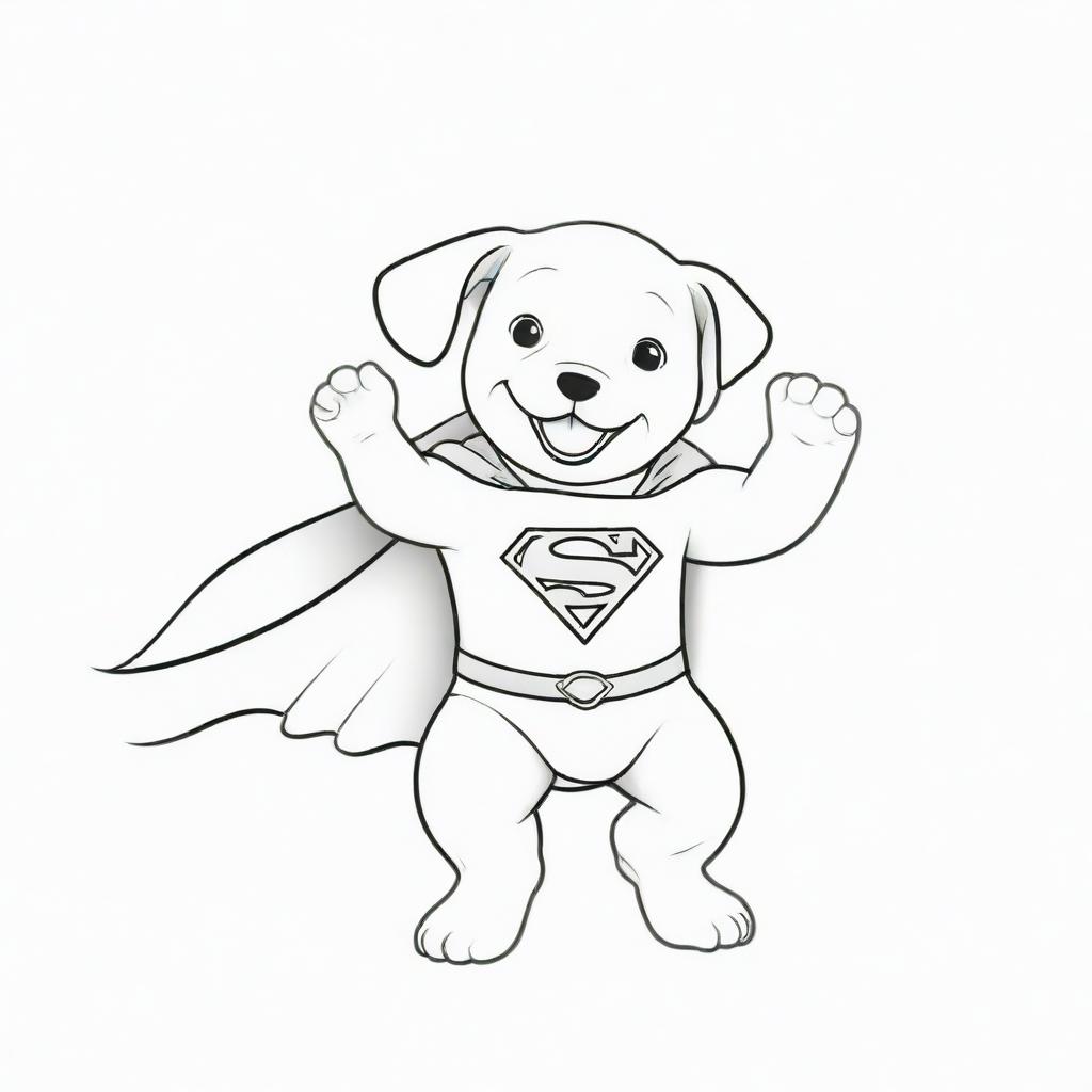 A heartwarming, two-dimensional black and white outline of a puppy dressed as Superman, joyfully playing with a child for a colouring page.