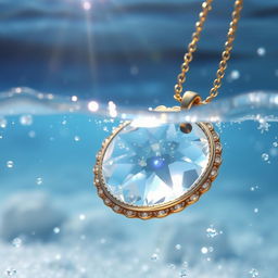 A mesmerizing crystal necklace partially submerged in clear blue water, surrounded by sparkling glitter