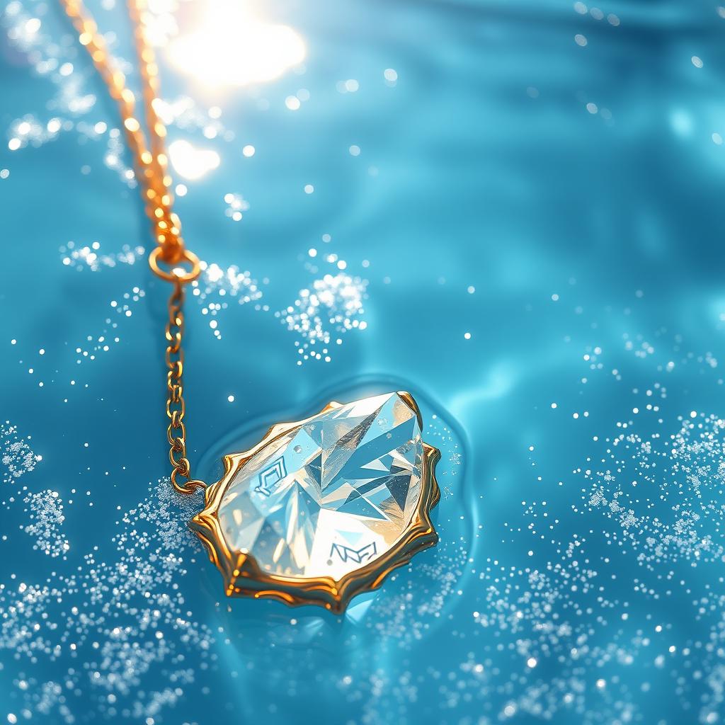 A mesmerizing crystal necklace partially submerged in clear blue water, surrounded by sparkling glitter