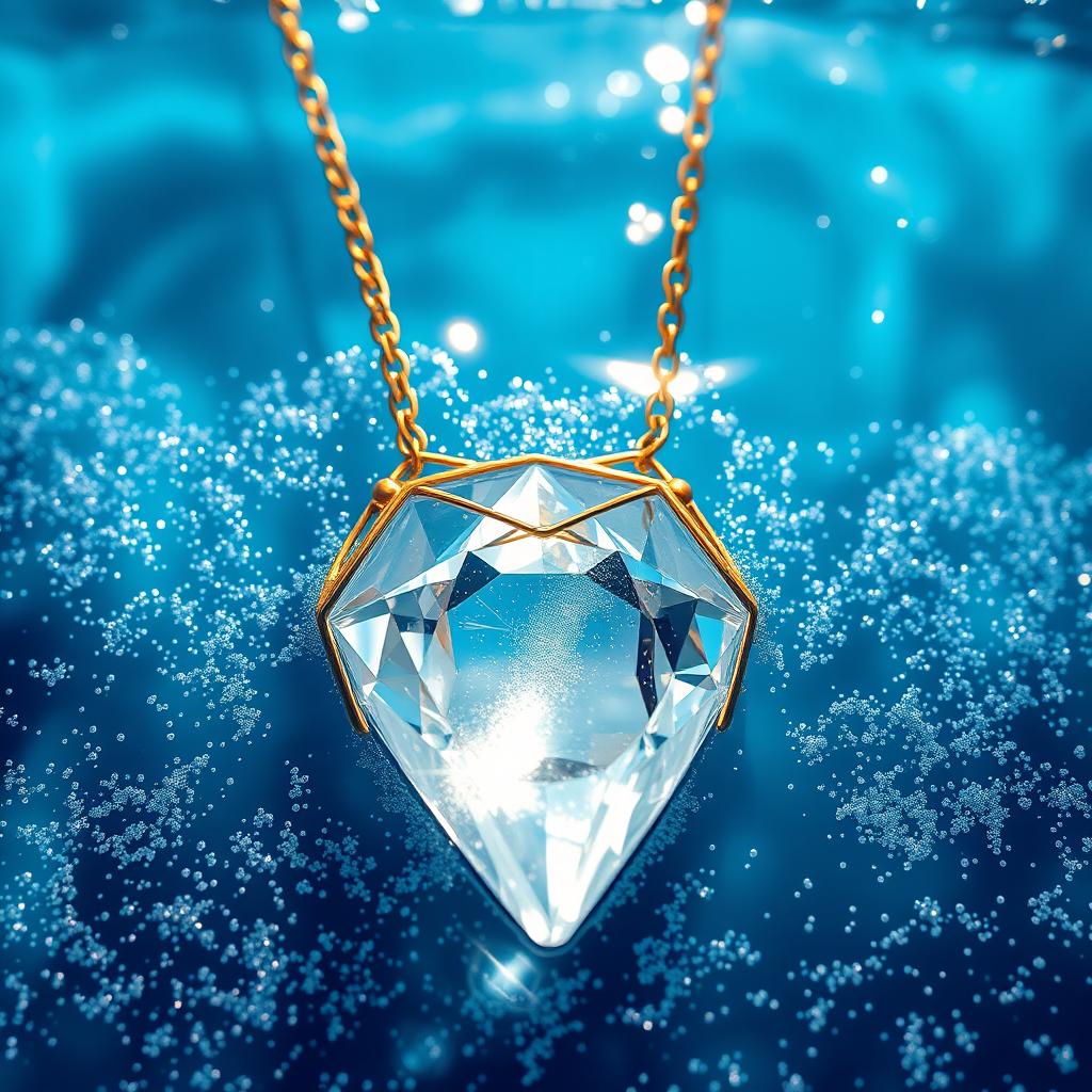 A mesmerizing crystal necklace partially submerged in clear blue water, surrounded by sparkling glitter