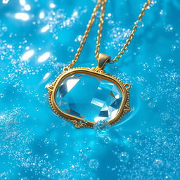 A mesmerizing crystal necklace partially submerged in clear blue water, surrounded by sparkling glitter