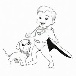 A heartwarming, two-dimensional black and white outline of a puppy dressed as Superman, joyfully playing with a child for a colouring page.